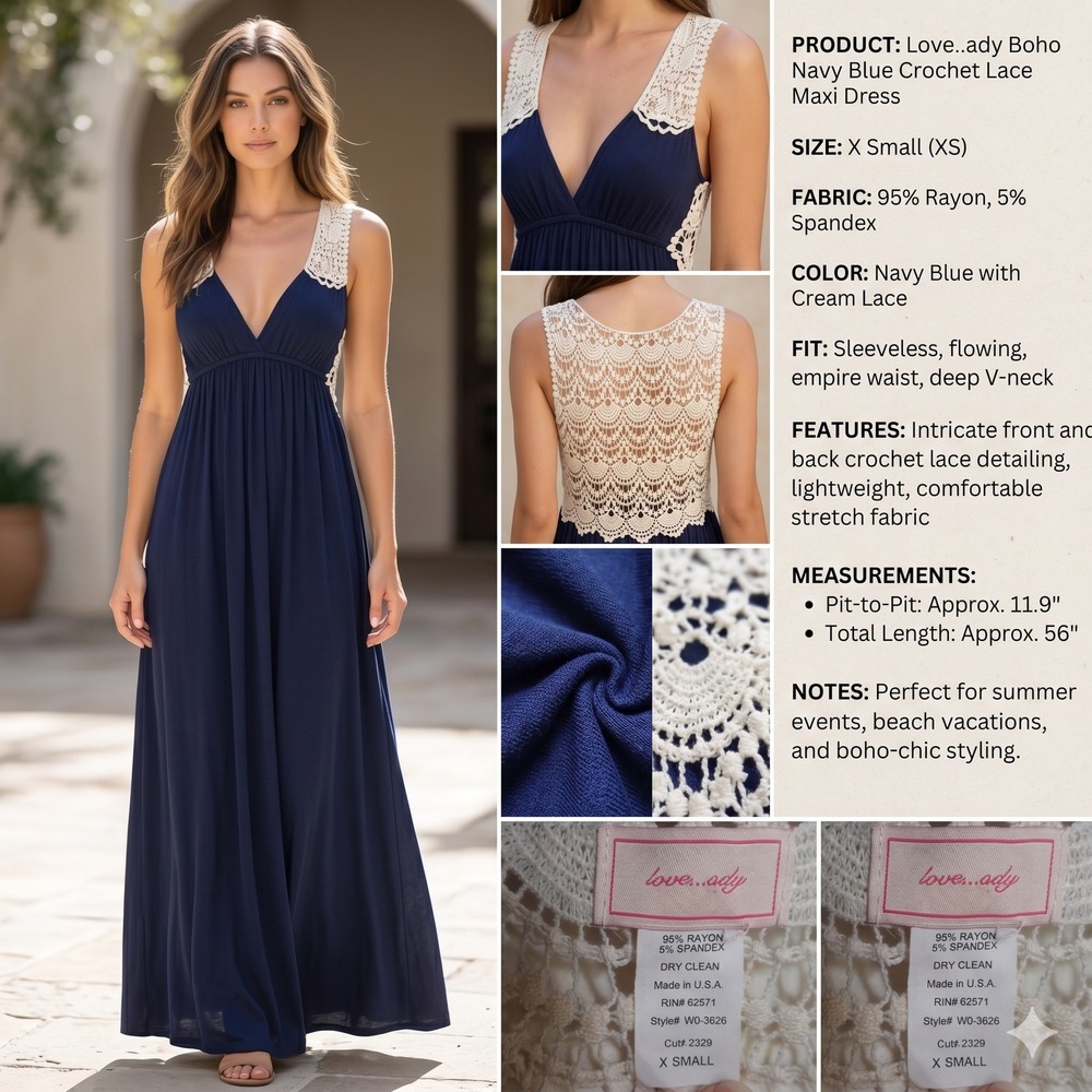 Love..ady Boho Navy Blue Crochet Lace Maxi Dress XS Sleeveless Summer Vacation